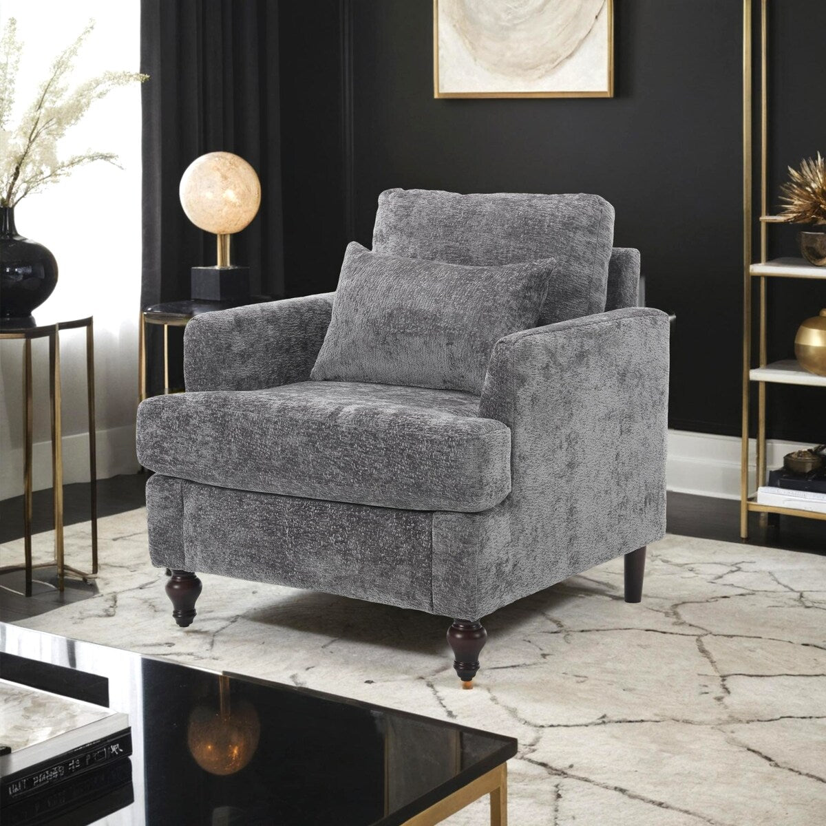 Chenille Single Sofa Chair, Upholstered Accent Chair with Soft Pillow, Mid Century Modern Reading Armchair
