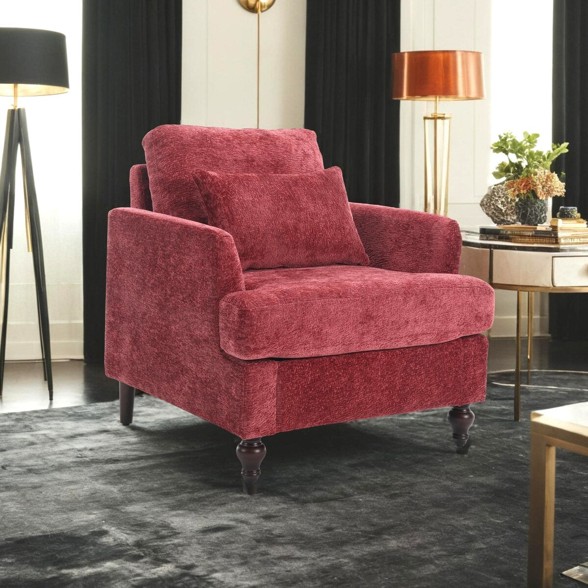 Chenille Single Sofa Chair, Upholstered Accent Chair with Soft Pillow, Mid Century Modern Reading Armchair