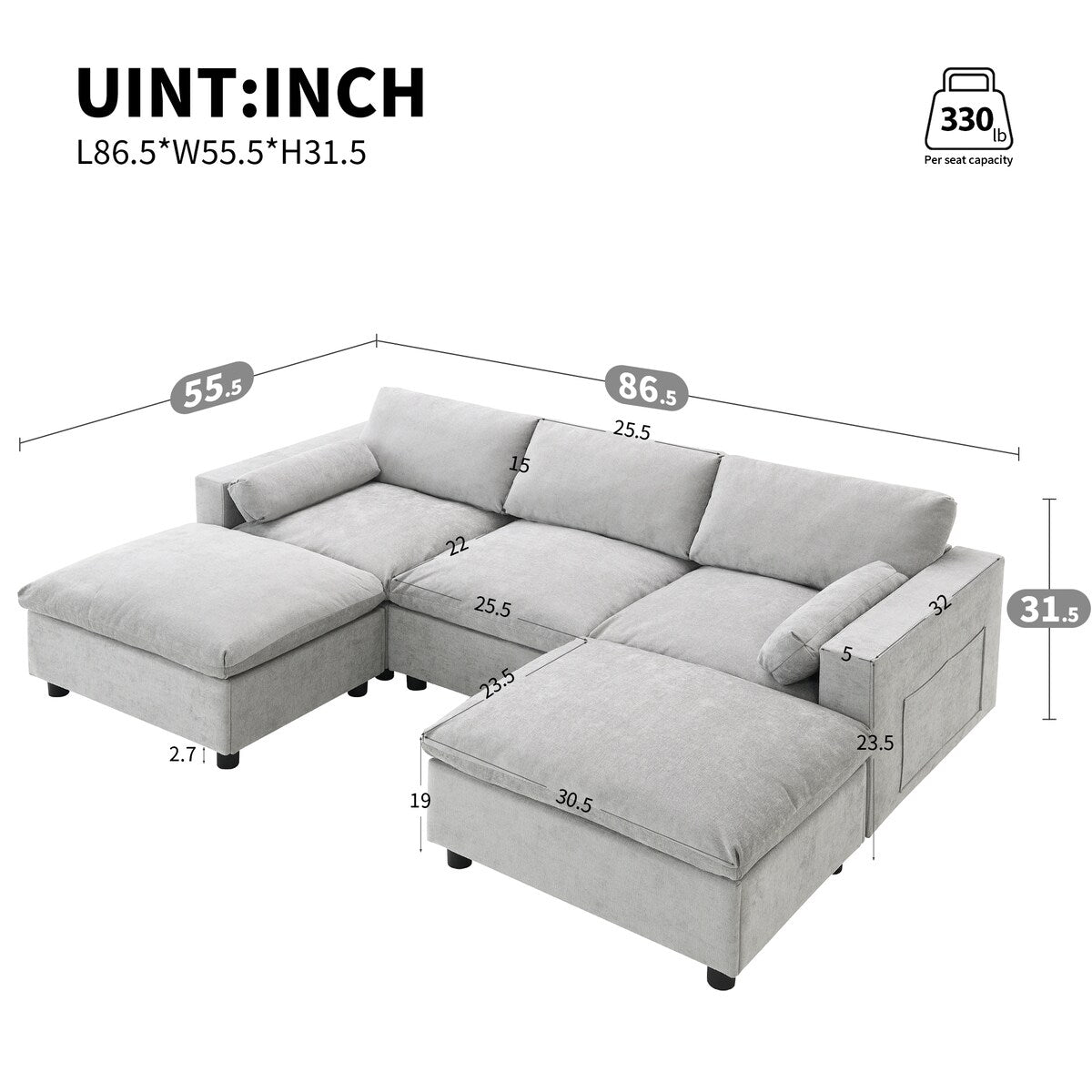 Chenille U-Shaped Sectional Sofa, Convertible Sofa Bed with Ottoman