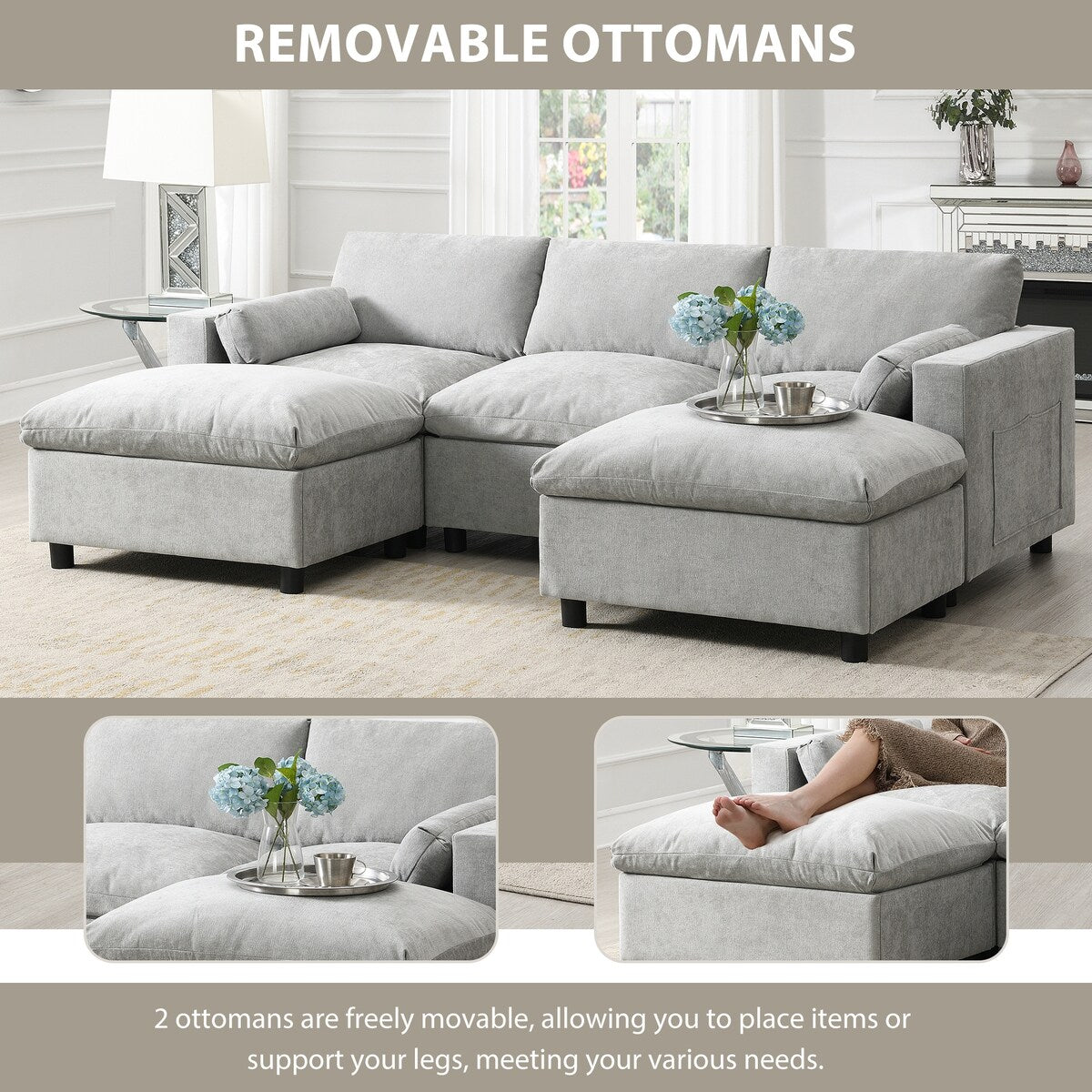 Chenille U-Shaped Sectional Sofa, Convertible Sofa Bed with Ottoman
