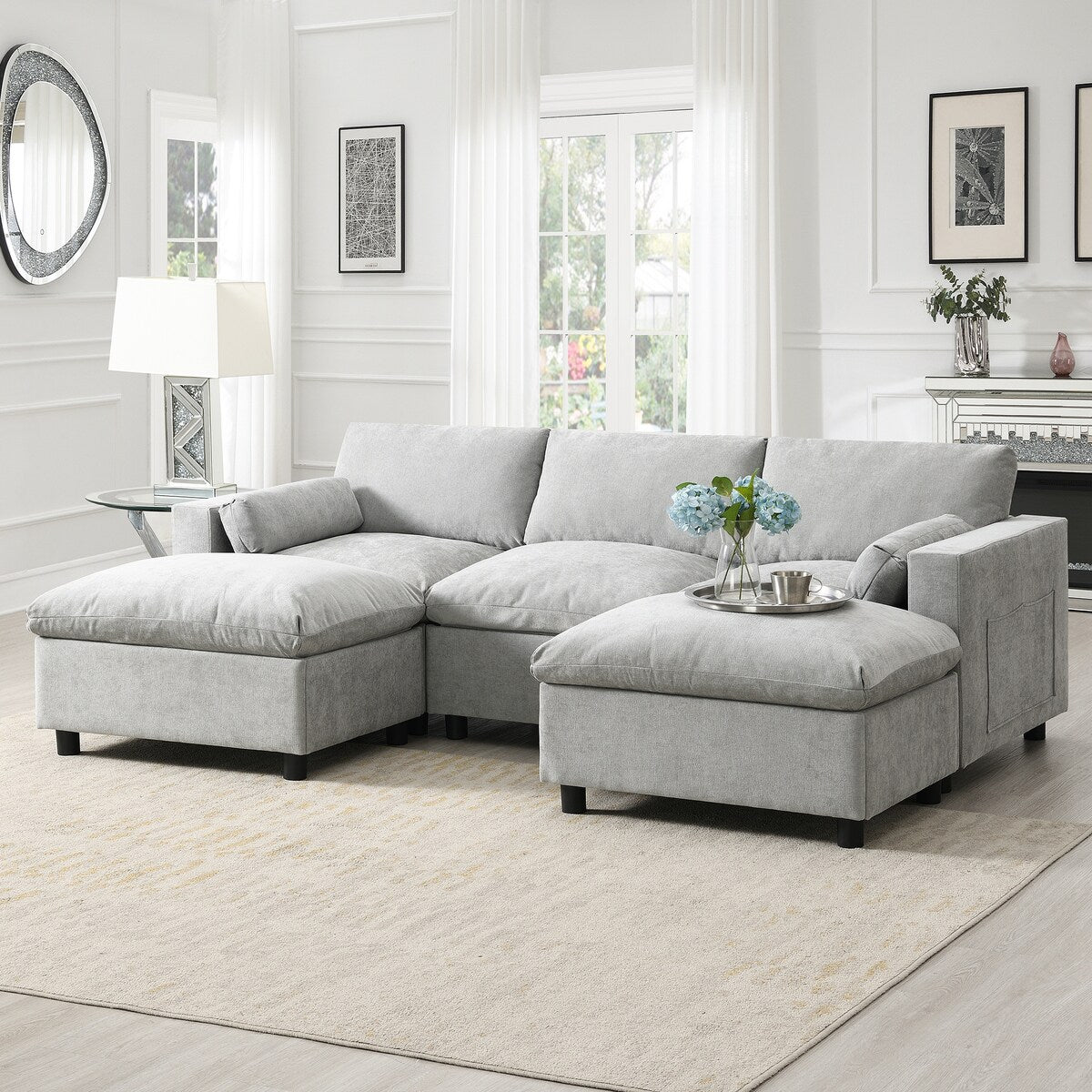 Chenille U-Shaped Sectional Sofa, Convertible Sofa Bed with Ottoman