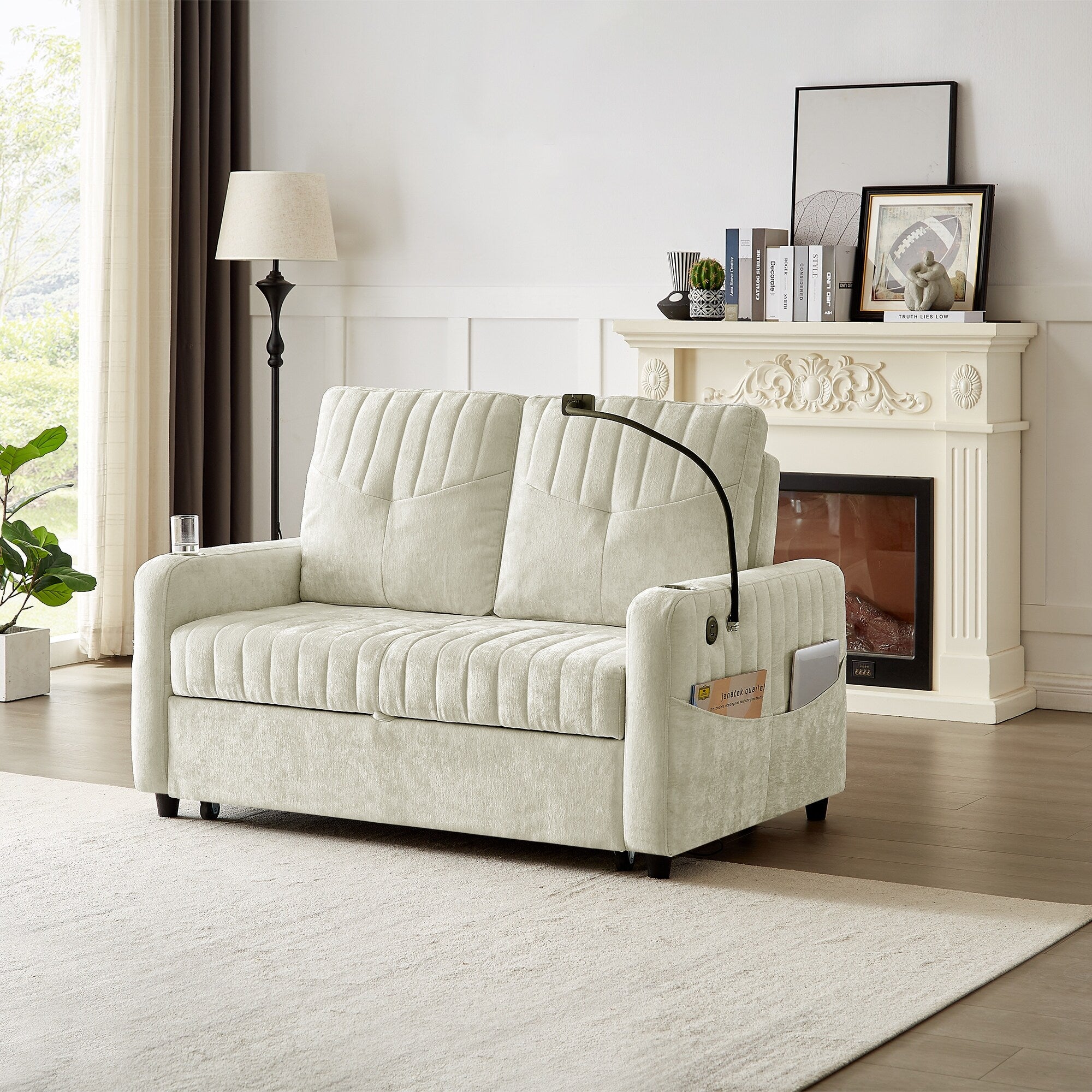 Chenille Upholstered Loveseat Sofa Bed with Adjustable Back USB Ports Overstock