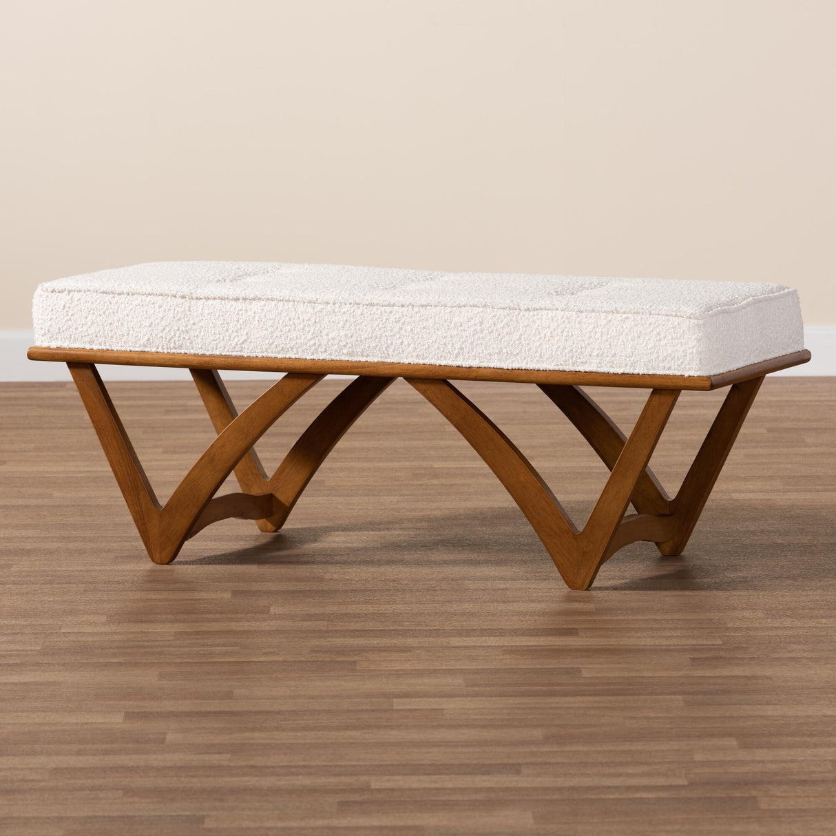Chenoa Japandi Cream Boucle Fabric and Walnut Brown Finished Wood Bench