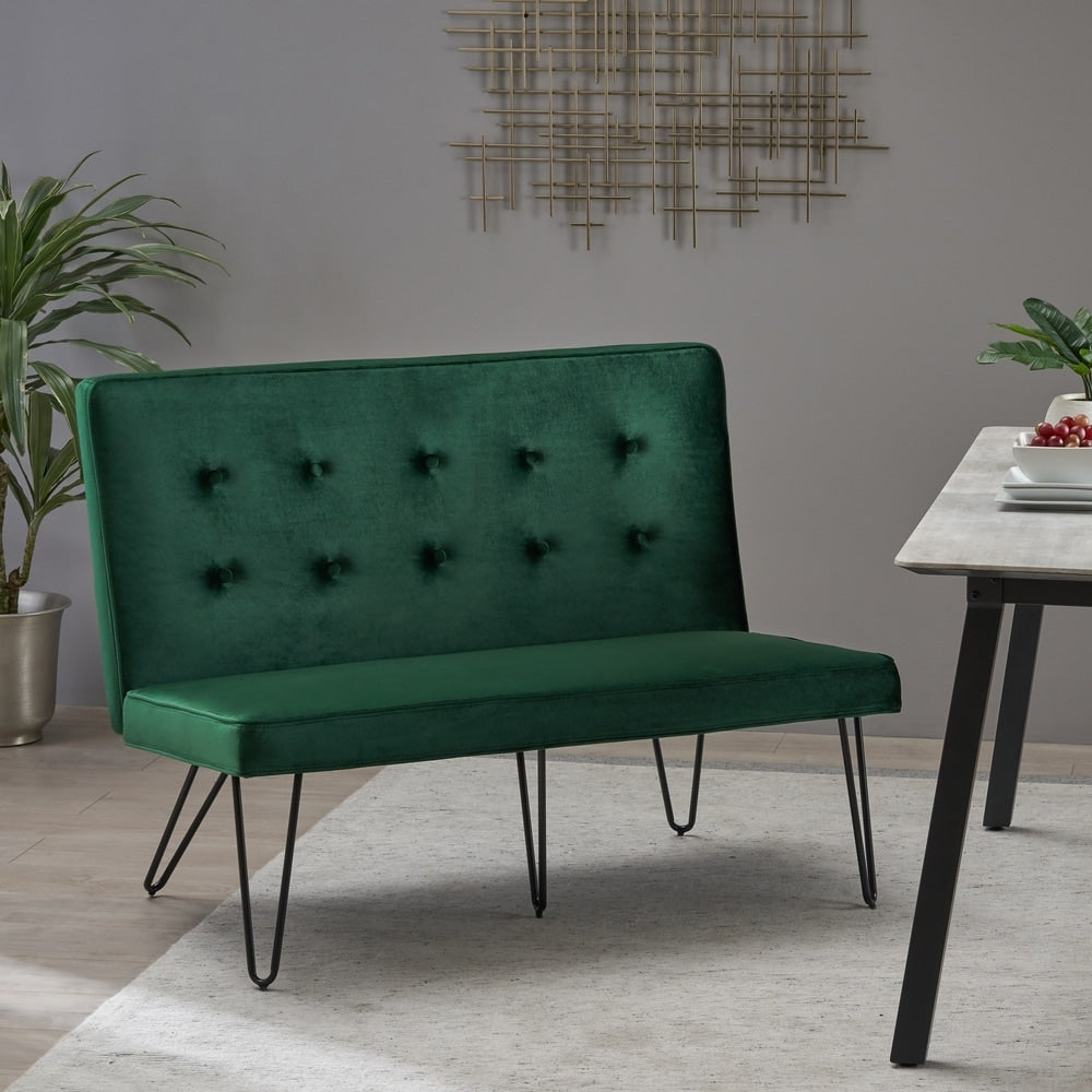 Chequeset Minimalist Dining Bench Settee with Tufted Velvet Cushion by Christopher Knight Home - N/A