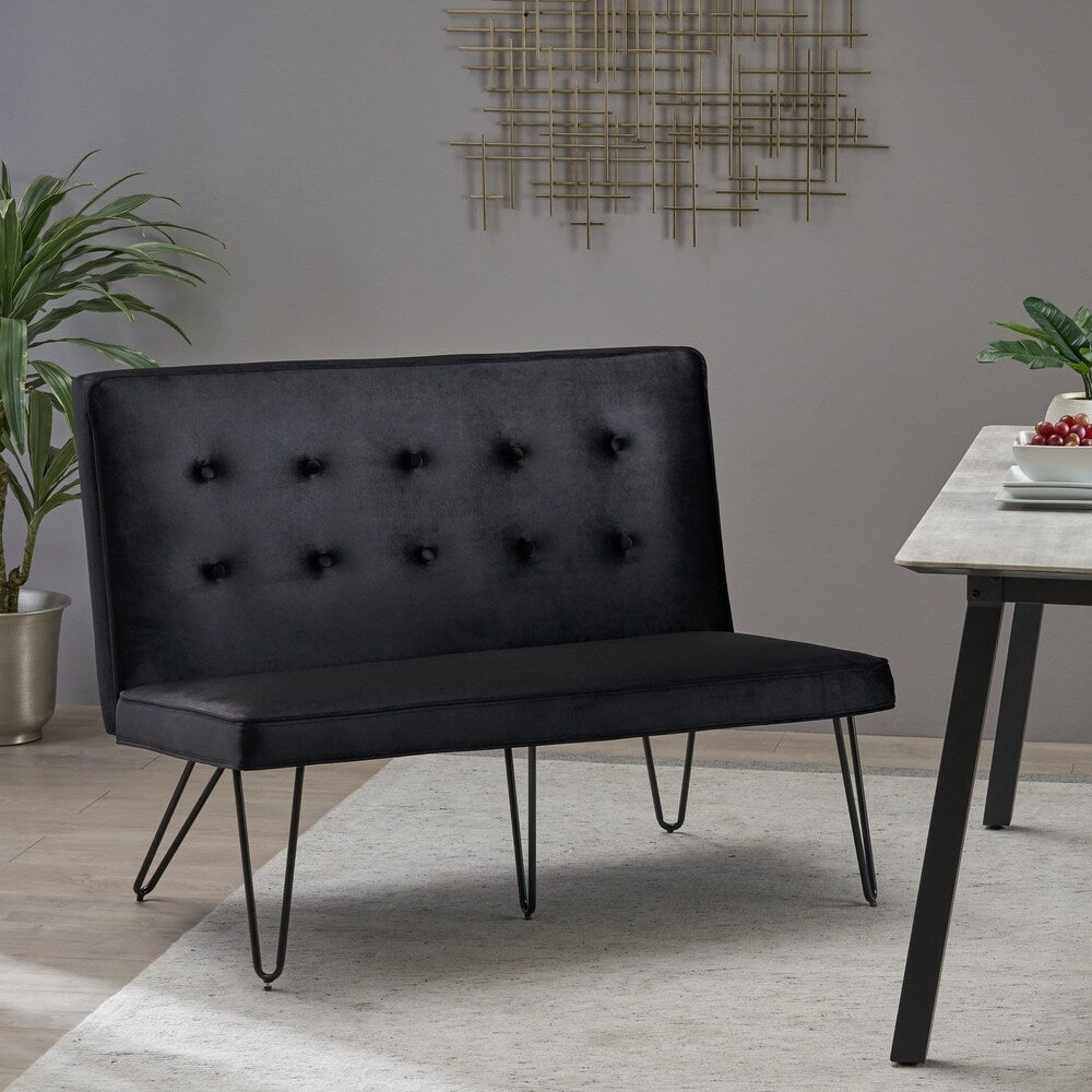 Chequeset Minimalist Dining Bench Settee with Tufted Velvet Cushion by Christopher Knight Home - N/A