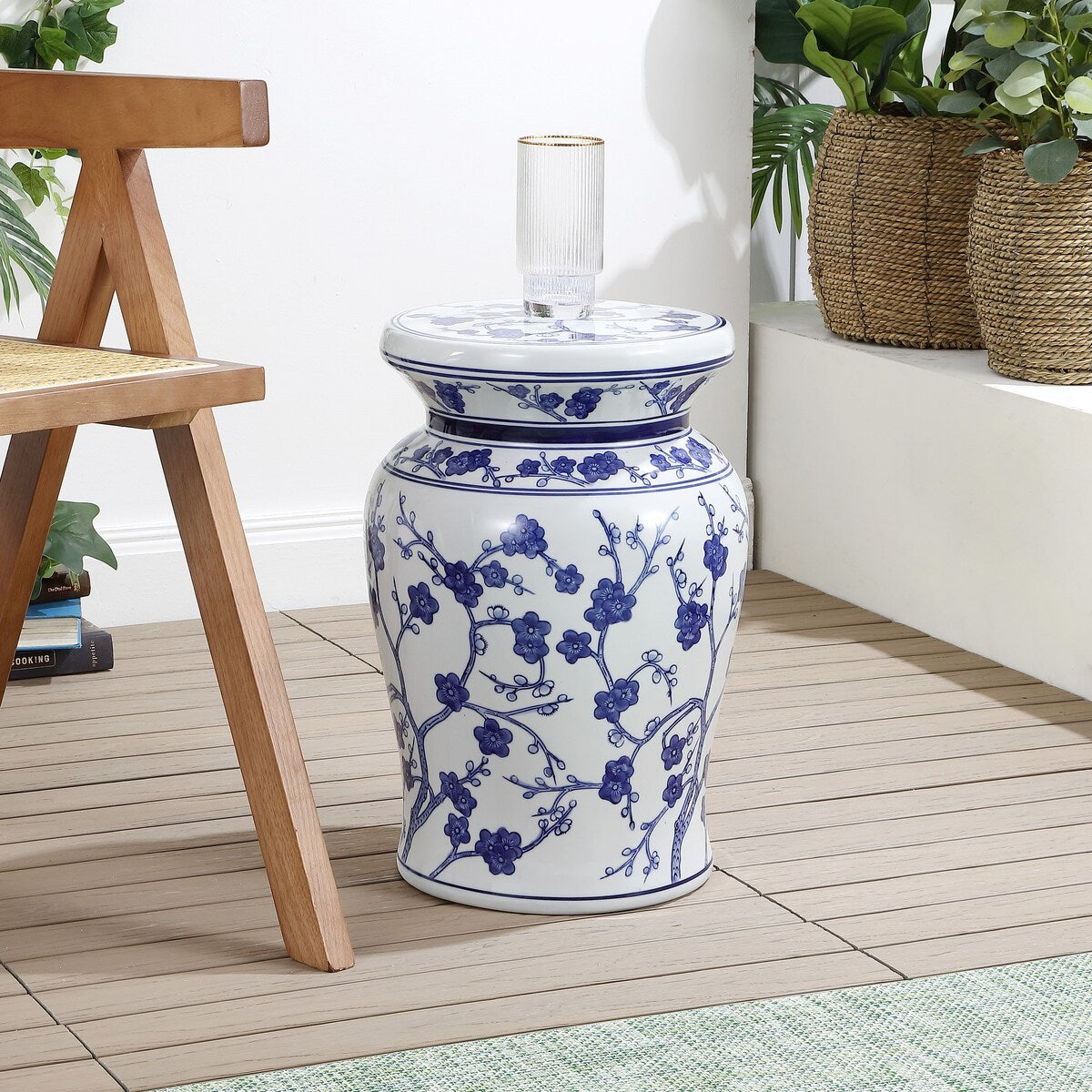 Cherry Blossom 17.7" Ceramic Garden Stool, White/Blue by JONATHAN Y