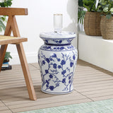 Cherry Blossom 17.7" Ceramic Garden Stool, White/Blue by JONATHAN Y