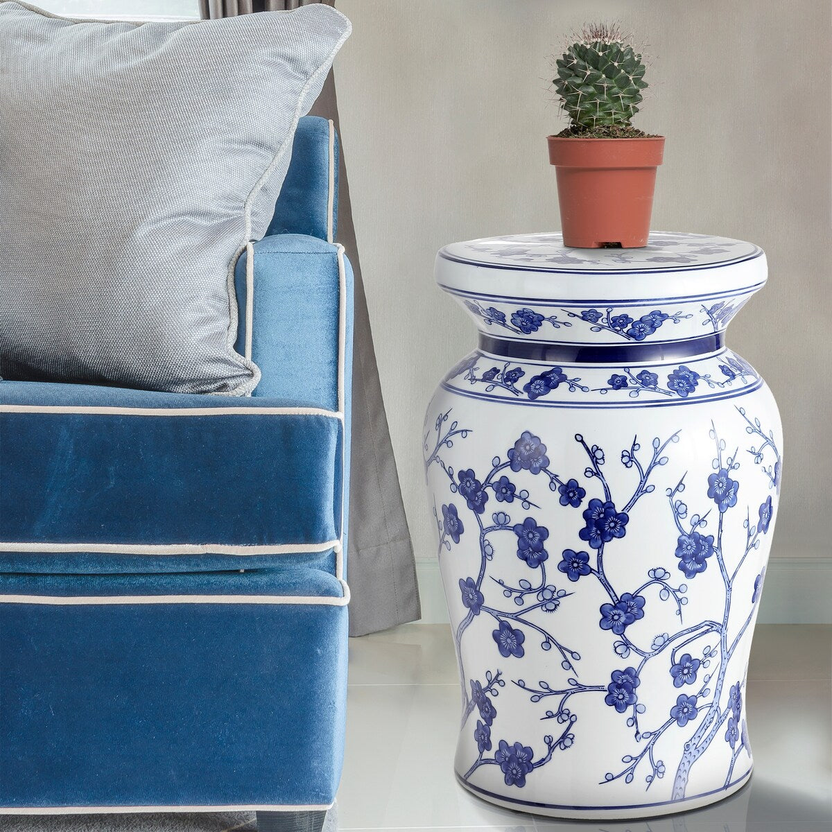 Cherry Blossom 17.7" Ceramic Garden Stool, White/Blue by JONATHAN Y