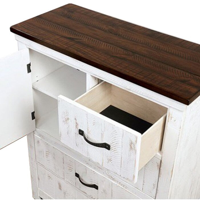Chest with Plank Design 4 Drawers and Contrasting Top, White and Brown