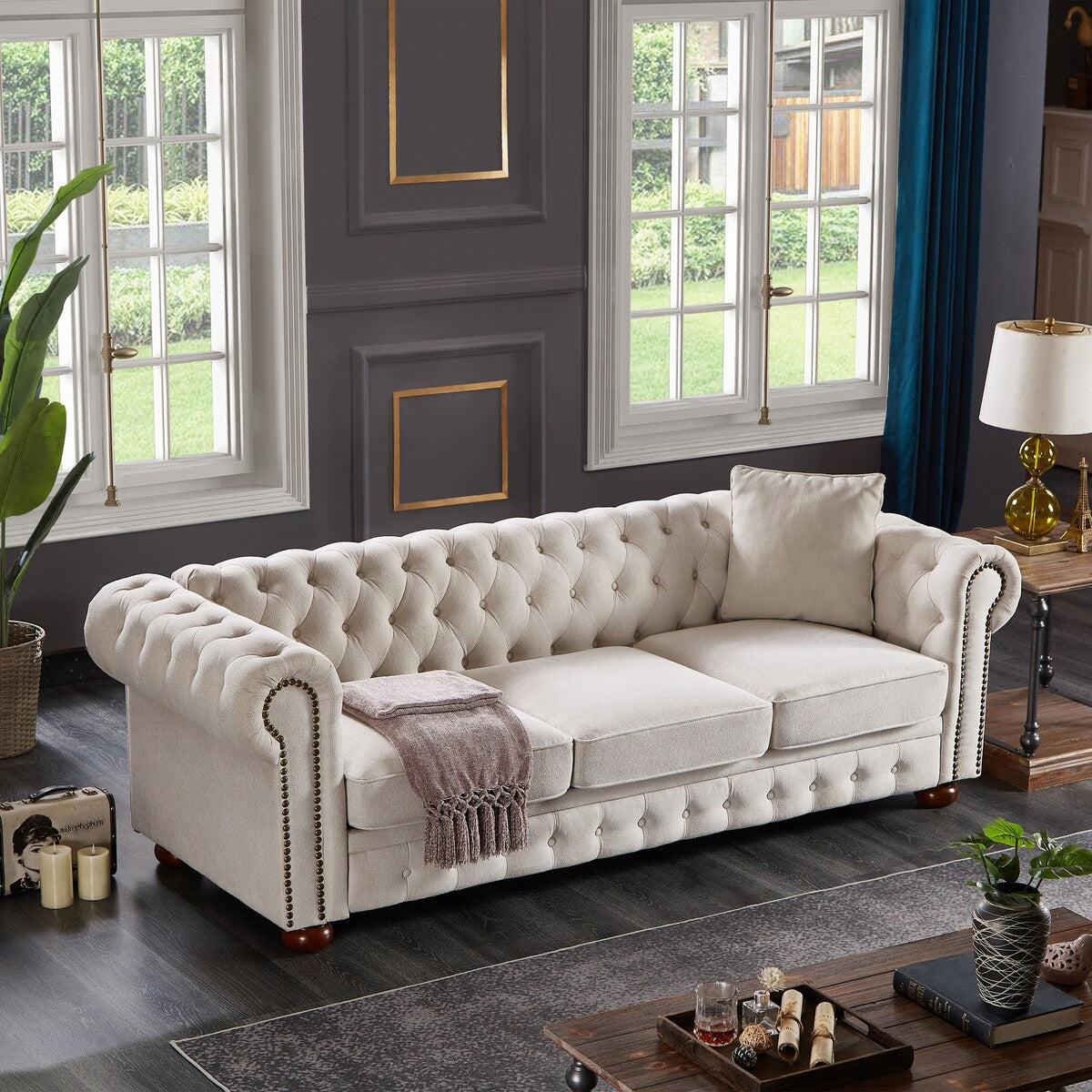 Chesterfield Sleeper Loveseat Tufted Recliner Settee 3 seat Sofa Beige