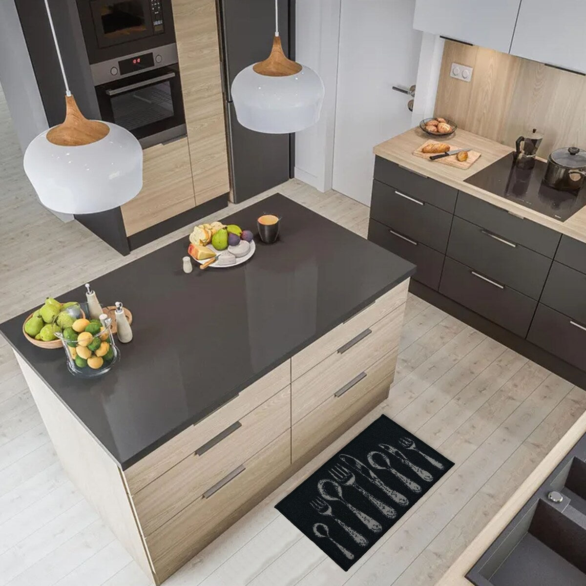 Chic Cutlery Print Wool-Effect Kitchen Mat and Runner Rug