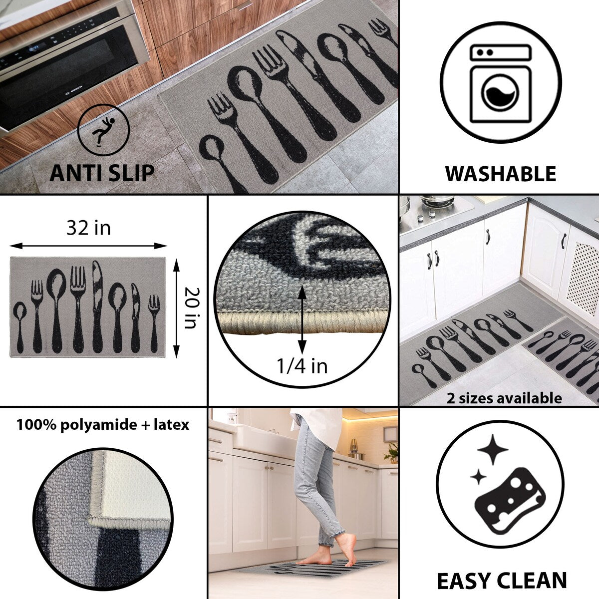 Chic Cutlery Print Wool-Effect Kitchen Mat and Runner Rug