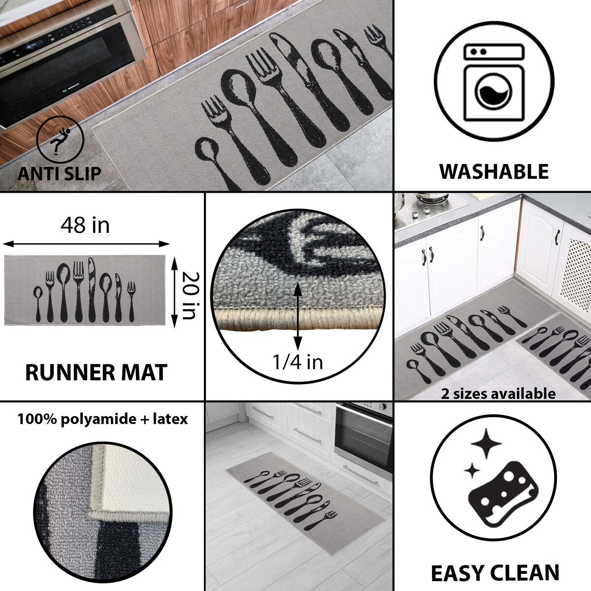 Chic Cutlery Print Wool-Effect Kitchen Mat and Runner Rug