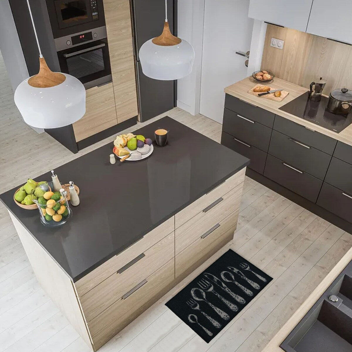 Chic Cutlery Print Wool-Effect Kitchen Mat and Runner Rug
