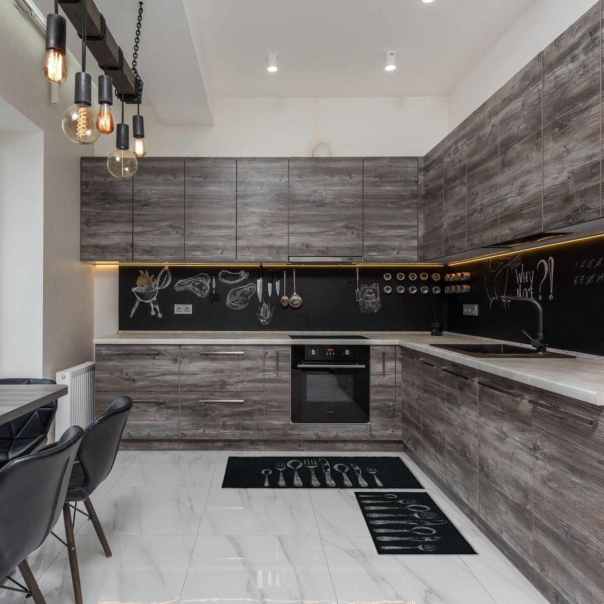 Chic Cutlery Print Wool-Effect Kitchen Mat and Runner Rug