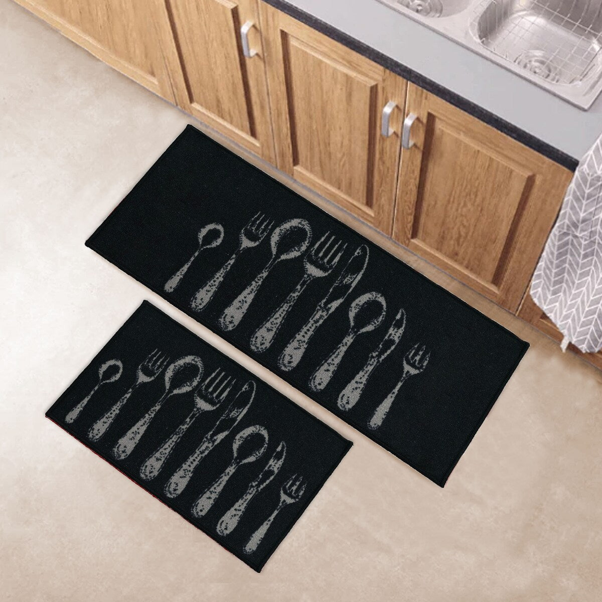 Chic Cutlery Print Wool-Effect Kitchen Mat and Runner Rug