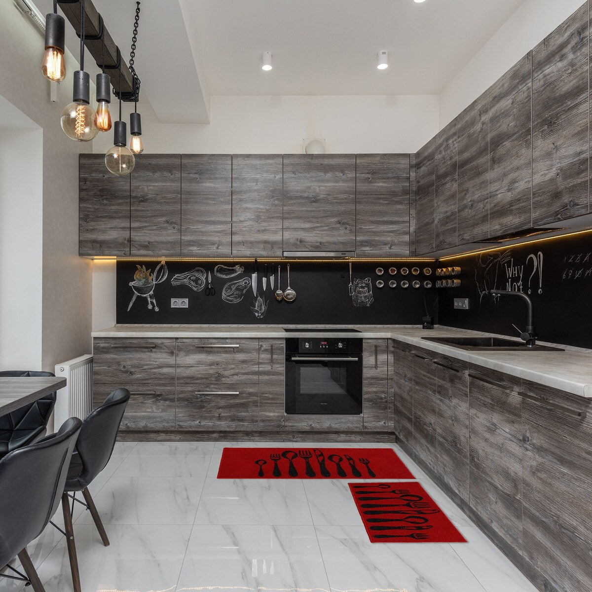 Chic Cutlery Print Wool-Effect Kitchen Mat and Runner Rug