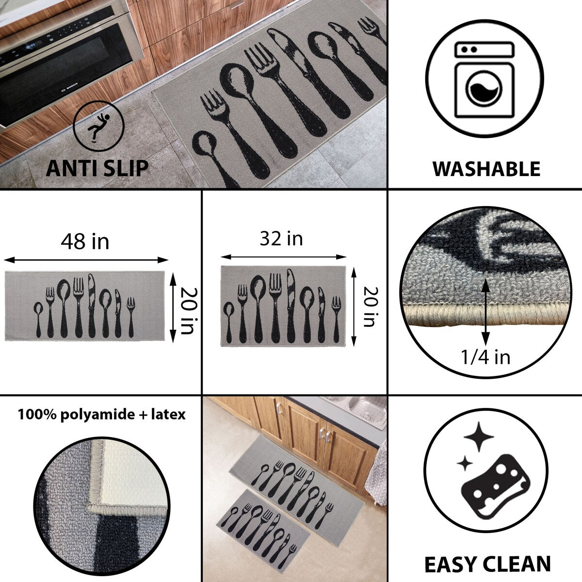 Chic Cutlery Print Wool-Effect Kitchen Mat and Runner Rug