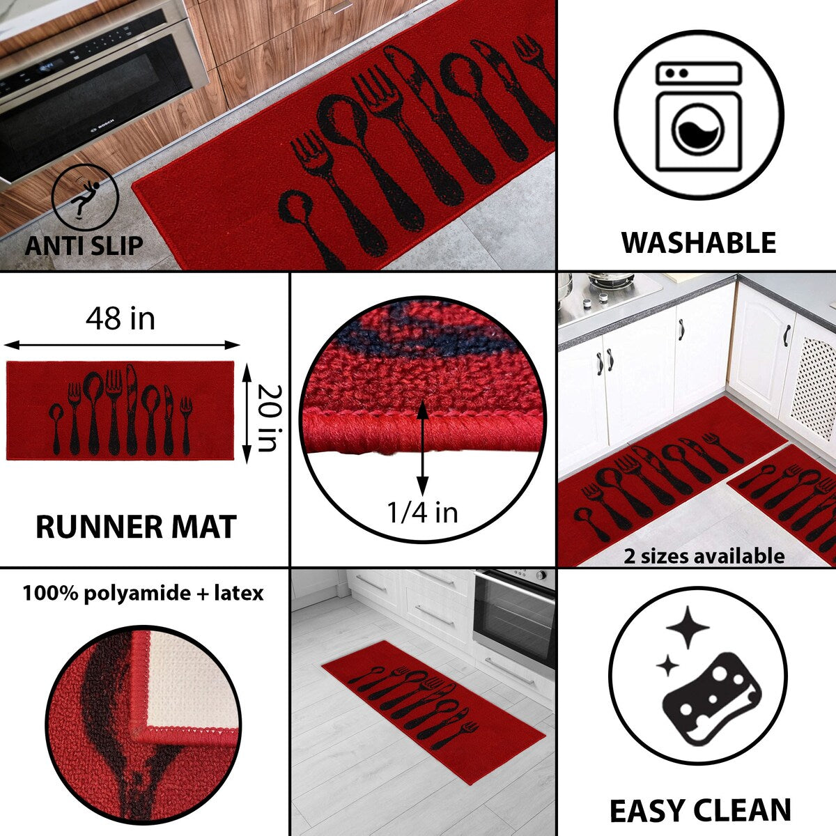 Chic Cutlery Print Wool-Effect Kitchen Mat and Runner Rug