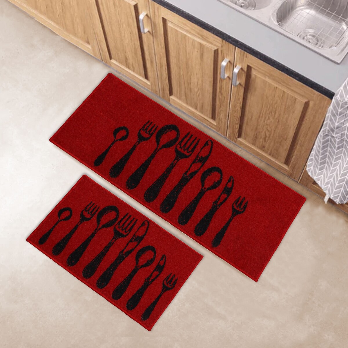 Chic Cutlery Print Wool-Effect Kitchen Mat and Runner Rug