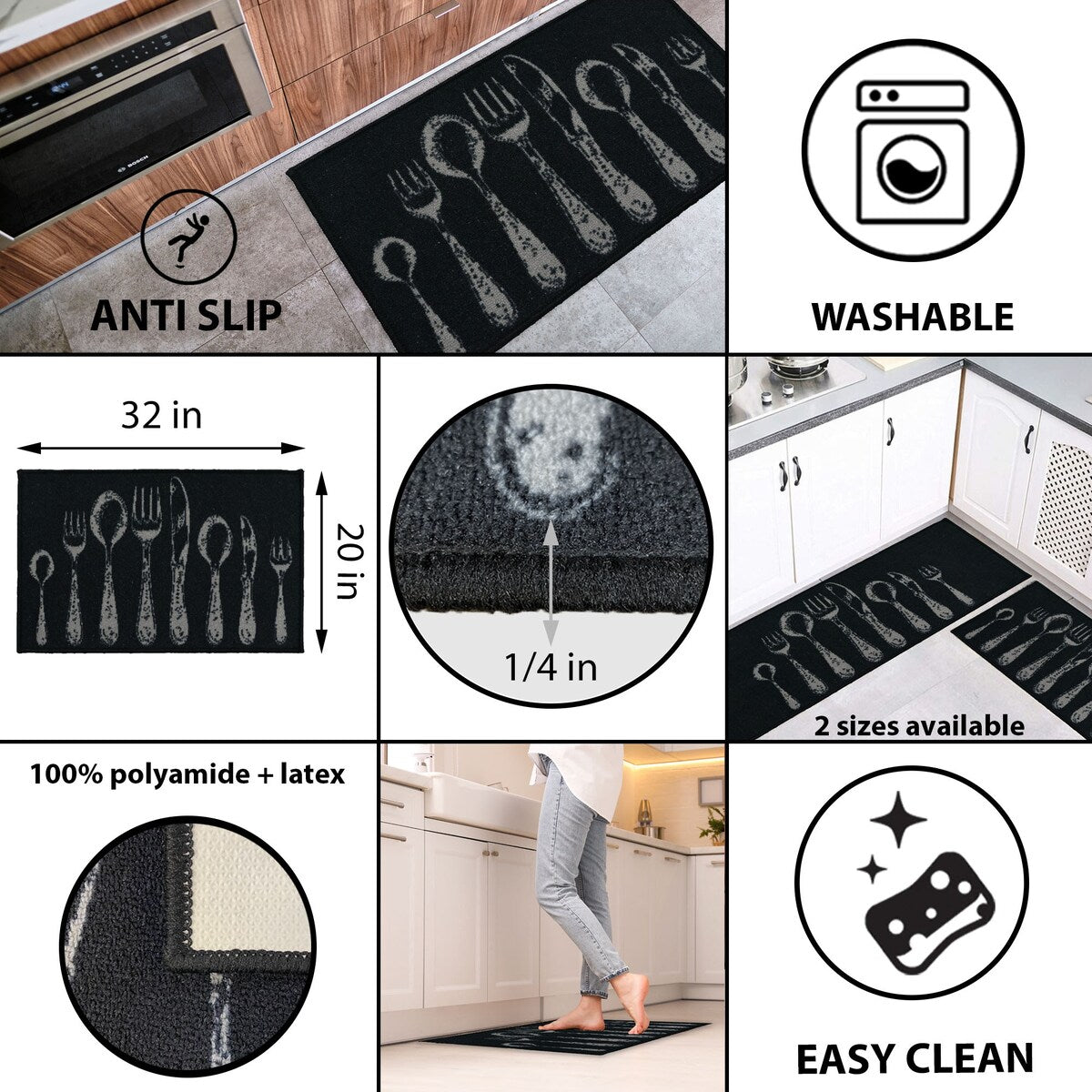 Chic Cutlery Print Wool-Effect Kitchen Mat and Runner Rug