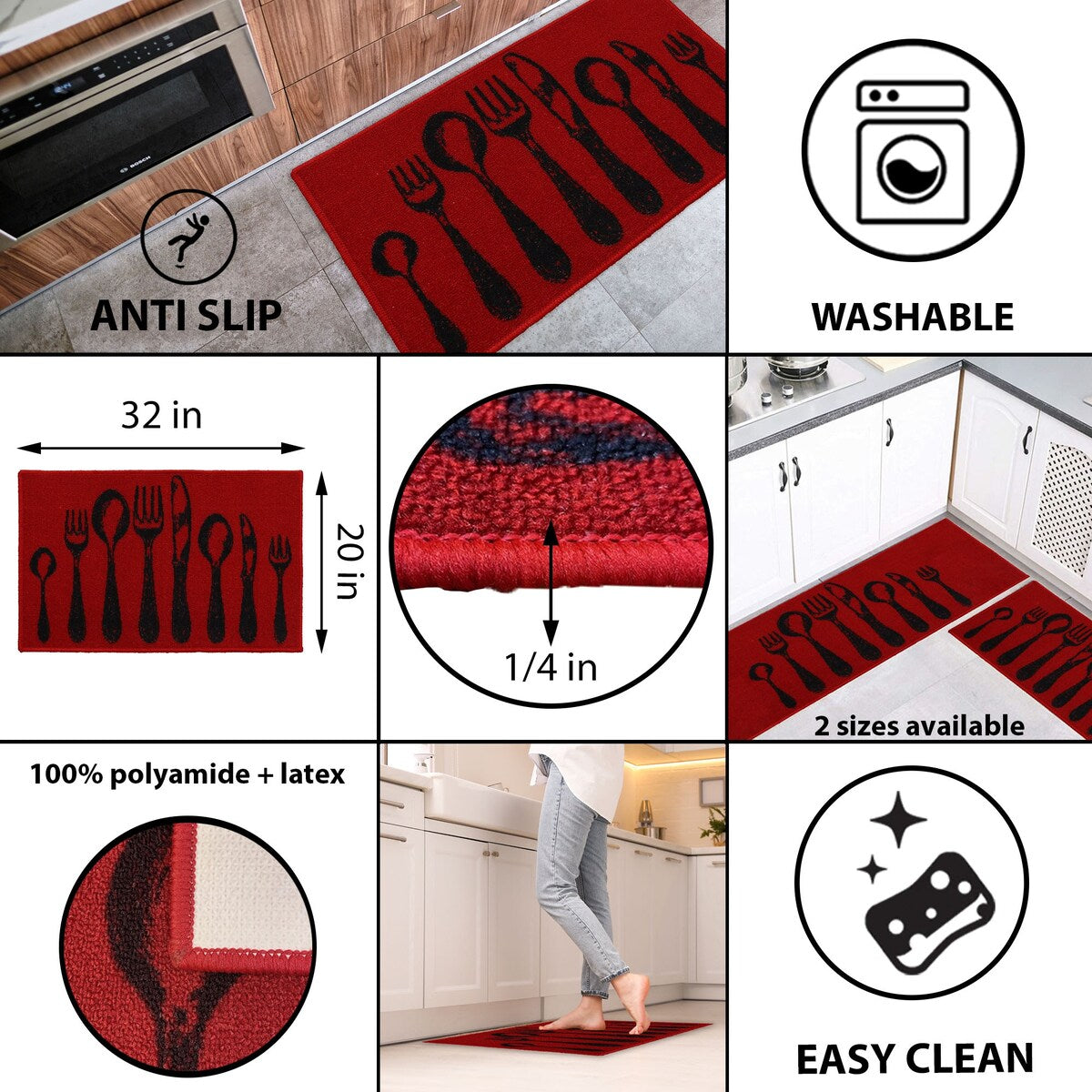 Chic Cutlery Print Wool-Effect Kitchen Mat and Runner Rug
