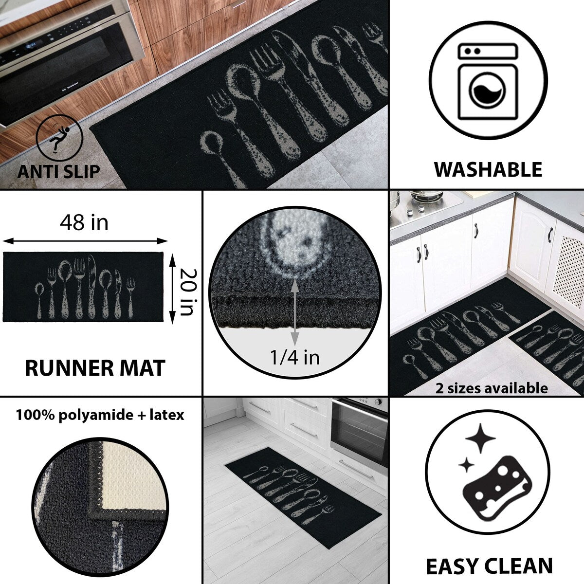 Chic Cutlery Print Wool-Effect Kitchen Mat and Runner Rug