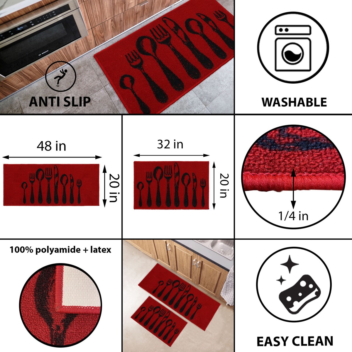 Chic Cutlery Print Wool-Effect Kitchen Mat and Runner Rug