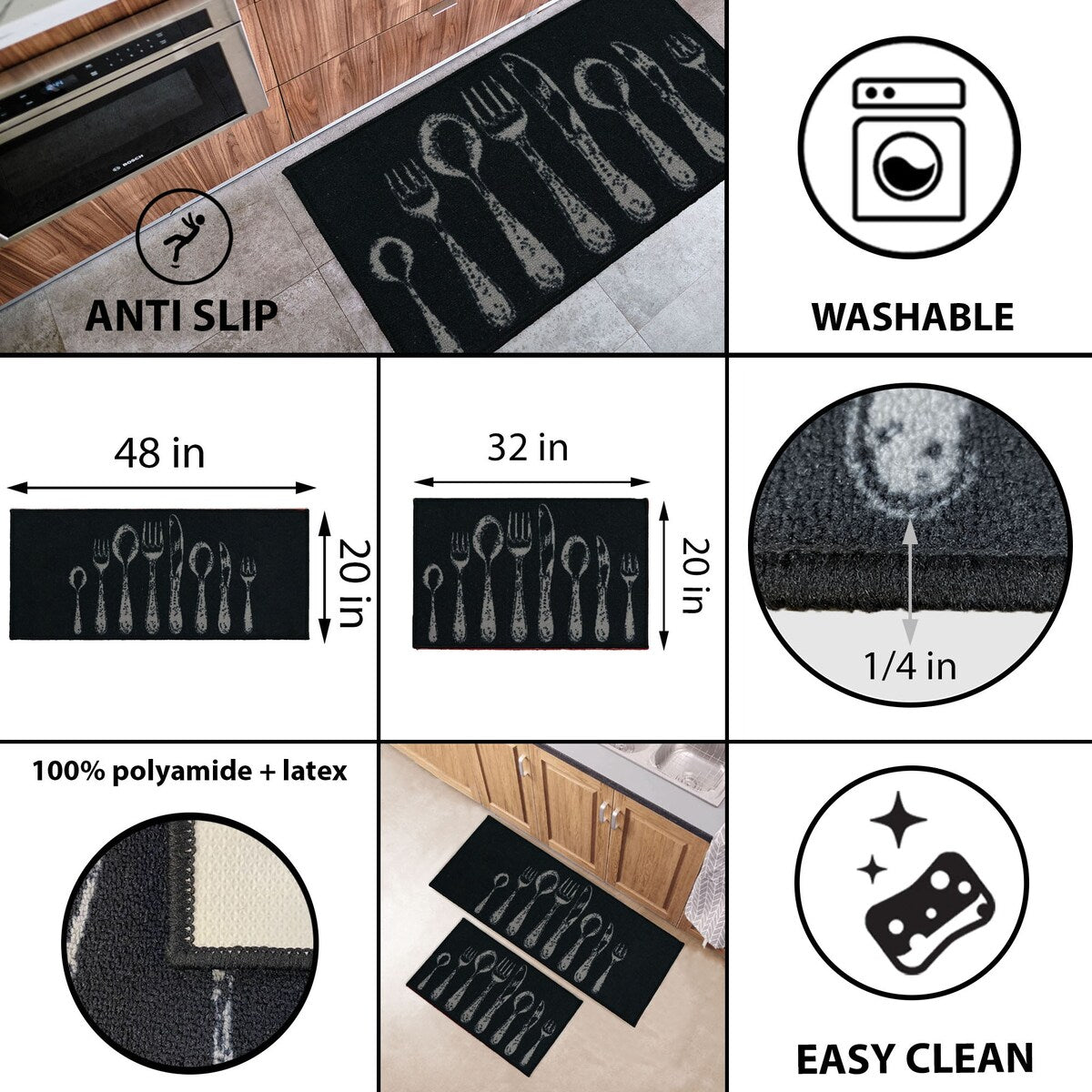 Chic Cutlery Print Wool-Effect Kitchen Mat and Runner Rug