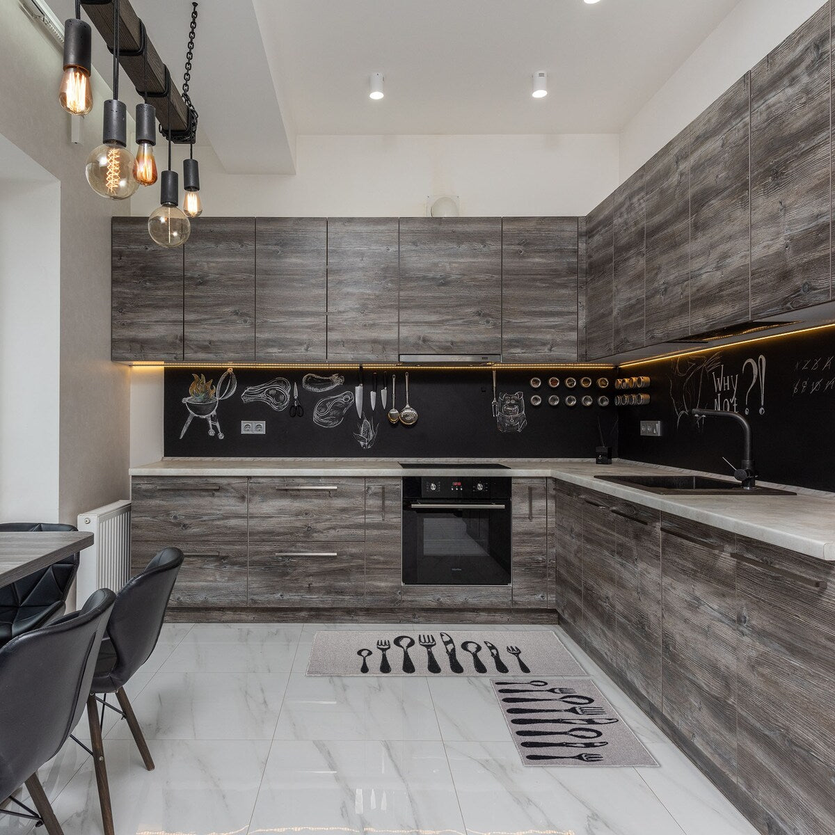 Chic Cutlery Print Wool-Effect Kitchen Mat and Runner Rug