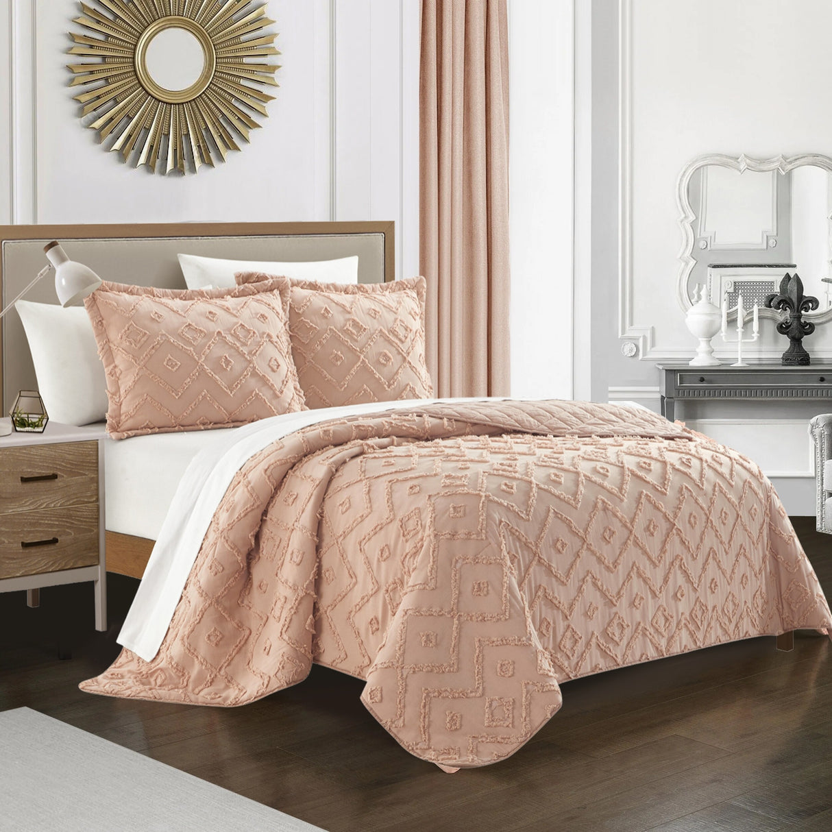 Chic Home Kade 7 Piece Clip Jacquard Cotton Shell With Textured Geometric Pattern Quilt Set