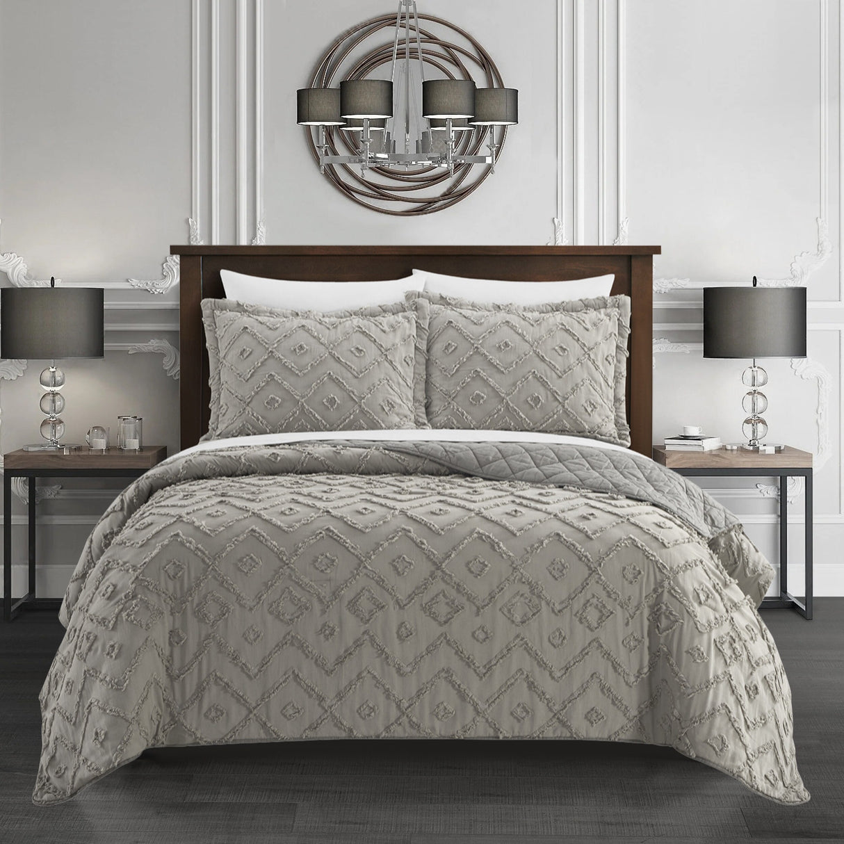 Chic Home Kade 7 Piece Clip Jacquard Cotton Shell With Textured Geometric Pattern Quilt Set