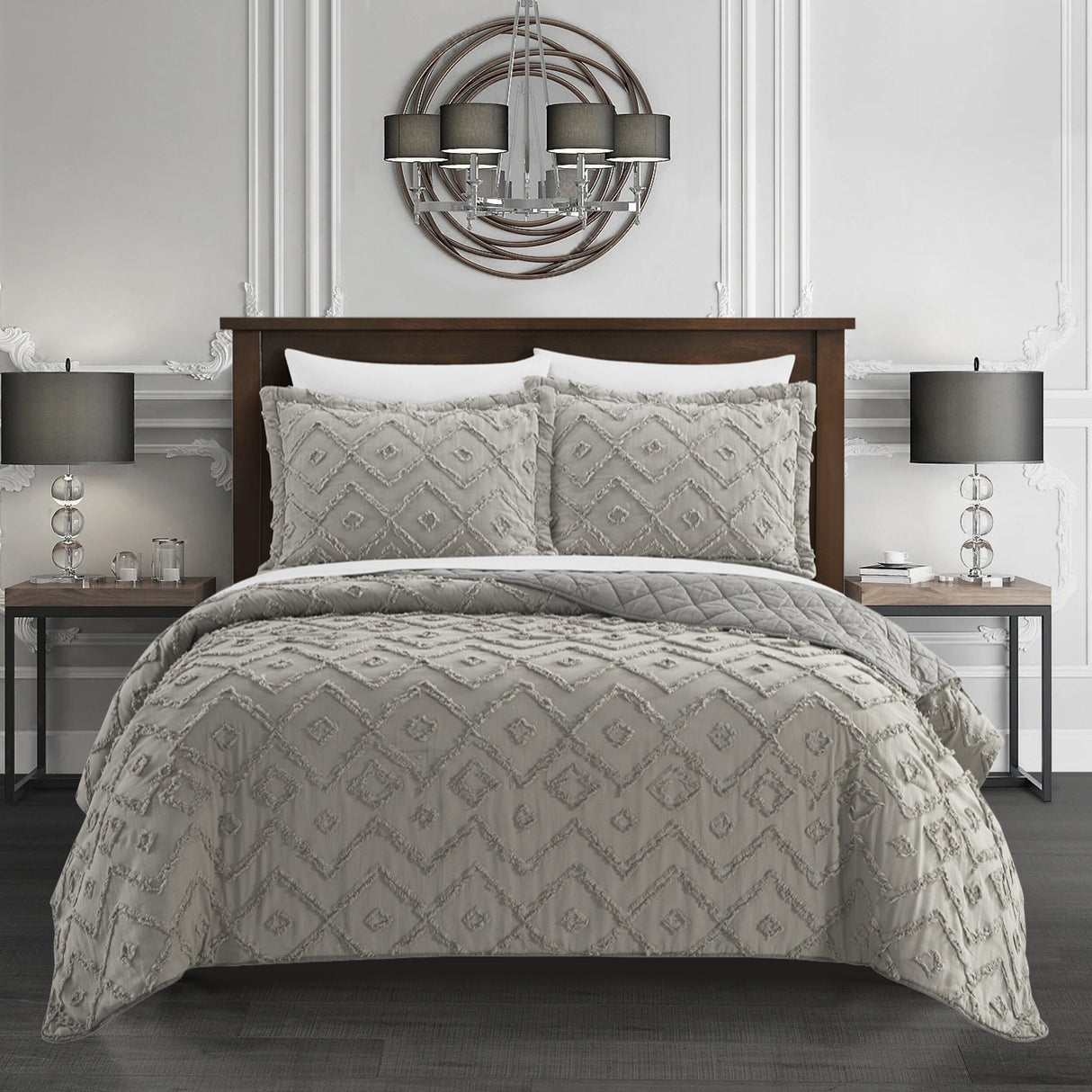 Chic Home Kade 7 Piece Clip Jacquard Cotton Shell With Textured Geometric Pattern Quilt Set