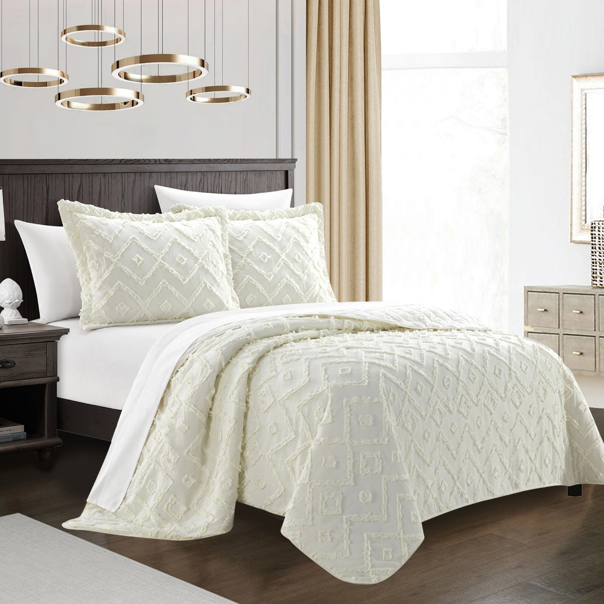 Chic Home Kade 7 Piece Clip Jacquard Cotton Shell With Textured Geometric Pattern Quilt Set