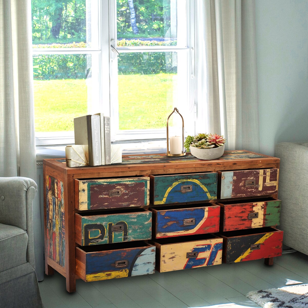Chic Teak Chest With 9 Drawers Made From Recycled Teak Wood Fishing Boats