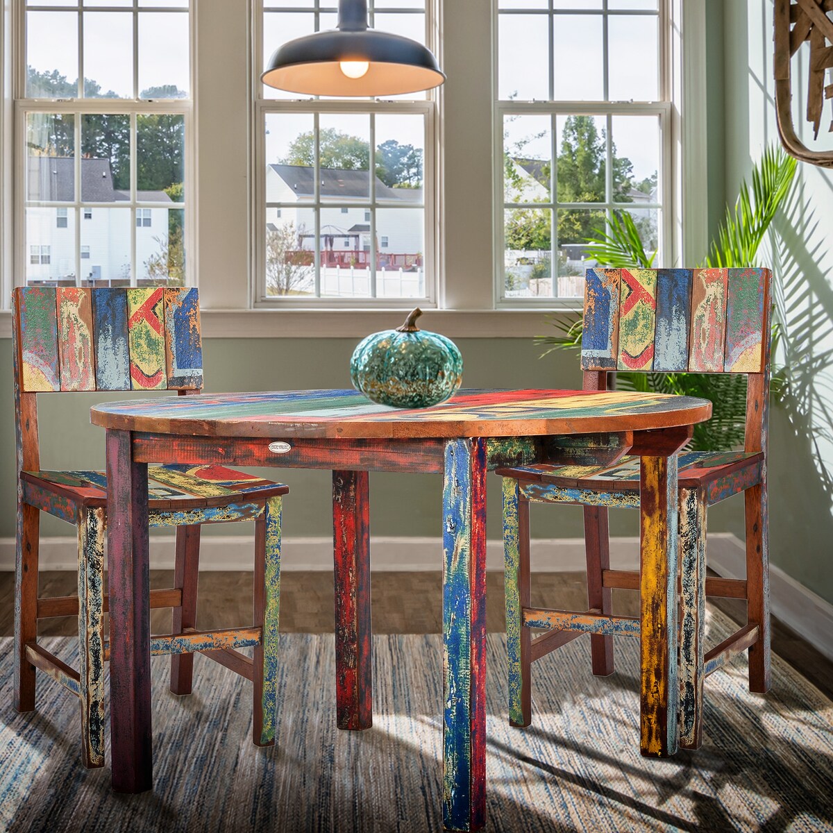 Chic Teak Round Dining Table made from Recycled Teak Wood Boats, 48 inch - Multi