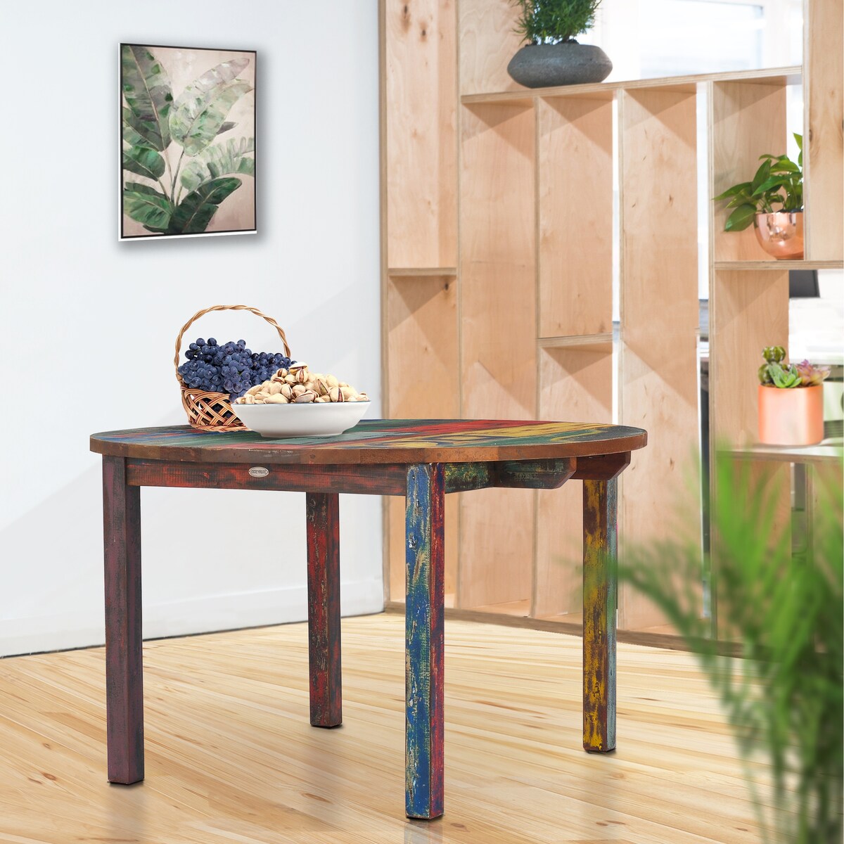 Chic Teak Round Dining Table made from Recycled Teak Wood Boats, 48 inch - Multi