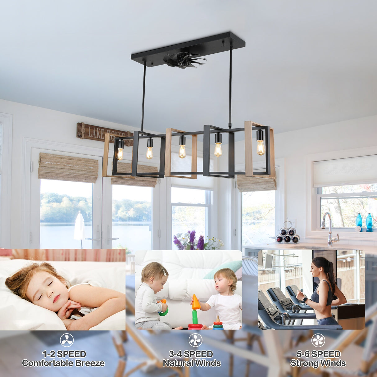 Chichoice 47"Noiseless Farmhouse Linear Hanging Ceiling Fan IndustriaL LED Light with Remote for Kitchen Island Dining Room