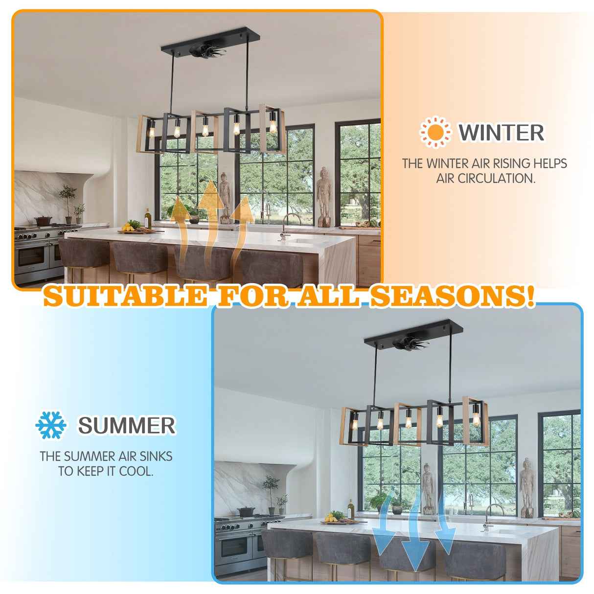 Chichoice 47"Noiseless Farmhouse Linear Hanging Ceiling Fan IndustriaL LED Light with Remote for Kitchen Island Dining Room