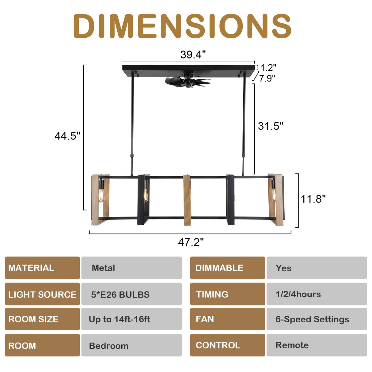 Chichoice 47"Noiseless Farmhouse Linear Hanging Ceiling Fan IndustriaL LED Light with Remote for Kitchen Island Dining Room