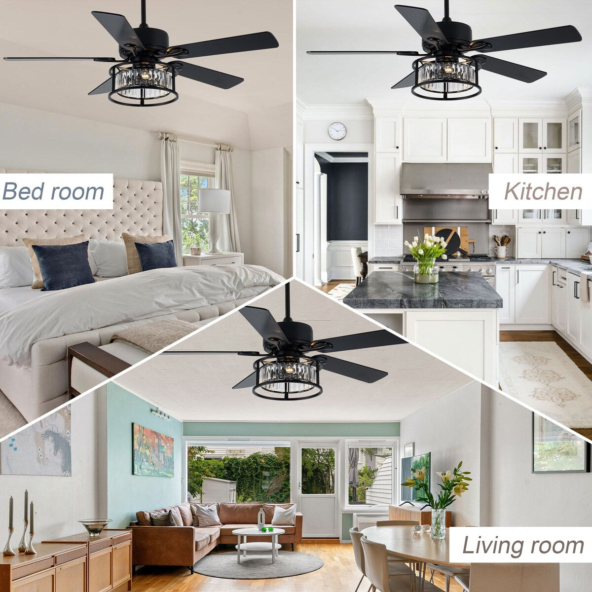 Chichoice 52" Mute Black Ceiling Fan Vintage Crystal Chandelier with Light 6 speed Remote Control 6 speed