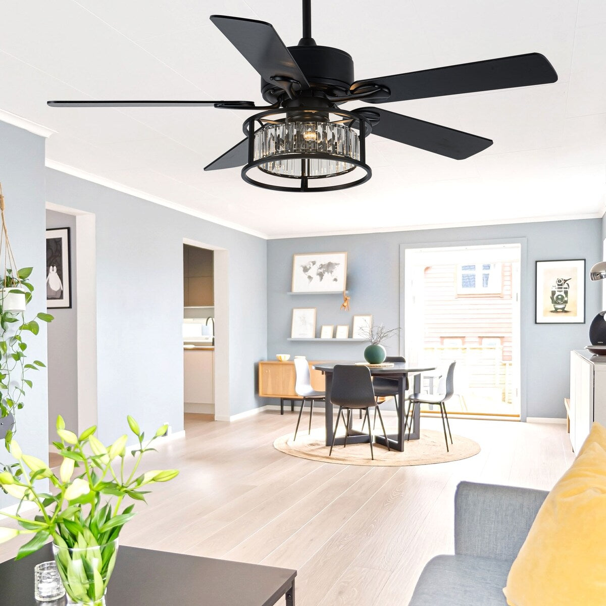 Chichoice 52" Mute Black Ceiling Fan Vintage Crystal Chandelier with Light 6 speed Remote Control 6 speed
