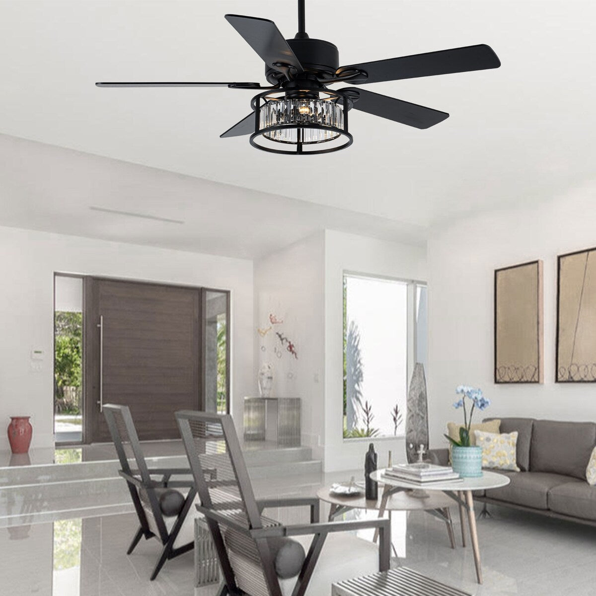 Chichoice 52" Mute Black Ceiling Fan Vintage Crystal Chandelier with Light 6 speed Remote Control 6 speed