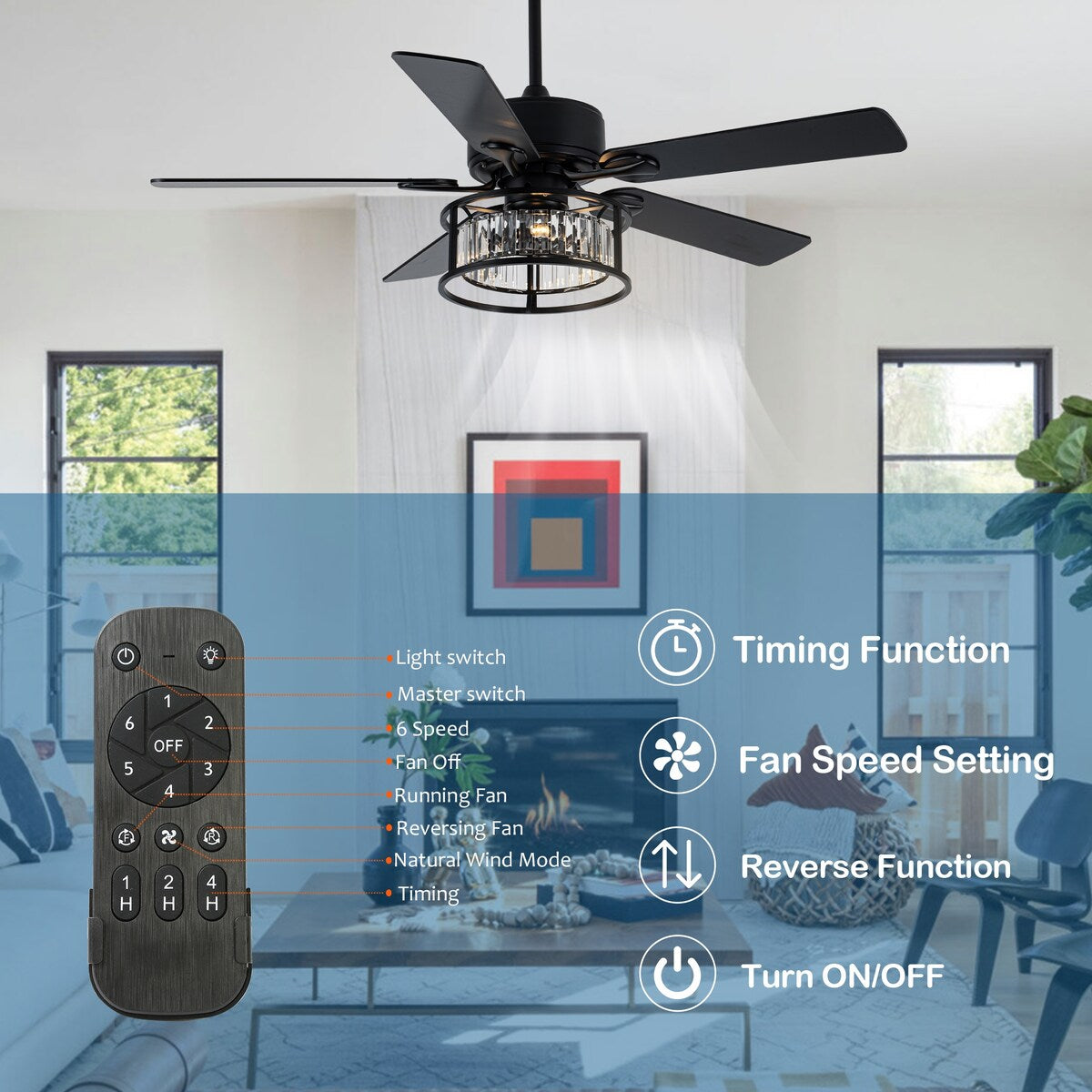Chichoice 52" Mute Black Ceiling Fan Vintage Crystal Chandelier with Light 6 speed Remote Control 6 speed