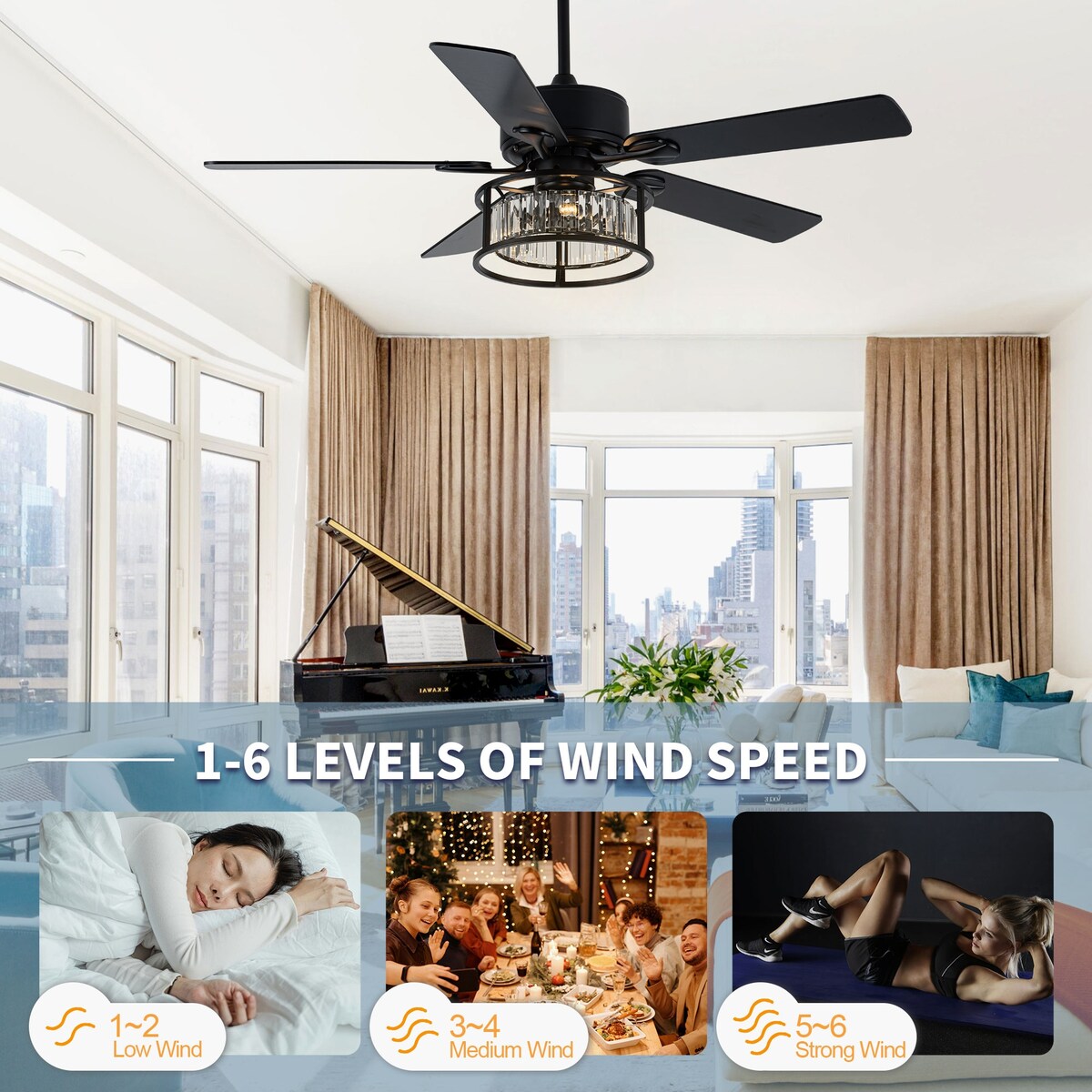 Chichoice 52" Mute Black Ceiling Fan Vintage Crystal Chandelier with Light 6 speed Remote Control 6 speed