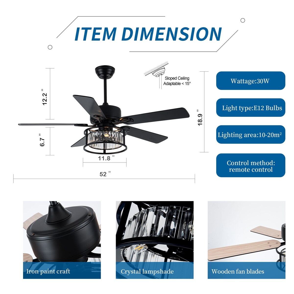 Chichoice 52" Mute Black Ceiling Fan Vintage Crystal Chandelier with Light 6 speed Remote Control 6 speed