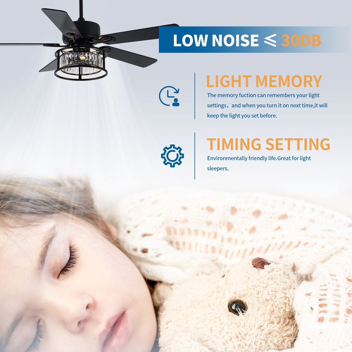 Chichoice 52" Mute Black Ceiling Fan Vintage Crystal Chandelier with Light 6 speed Remote Control 6 speed