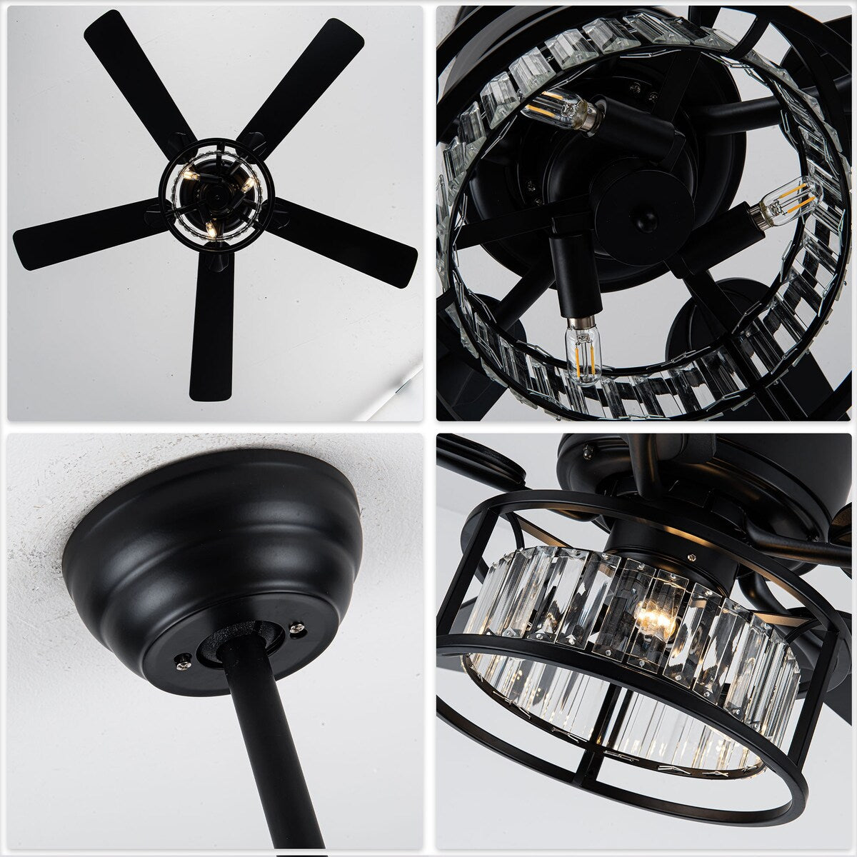 Chichoice 52" Mute Black Ceiling Fan Vintage Crystal Chandelier with Light 6 speed Remote Control 6 speed