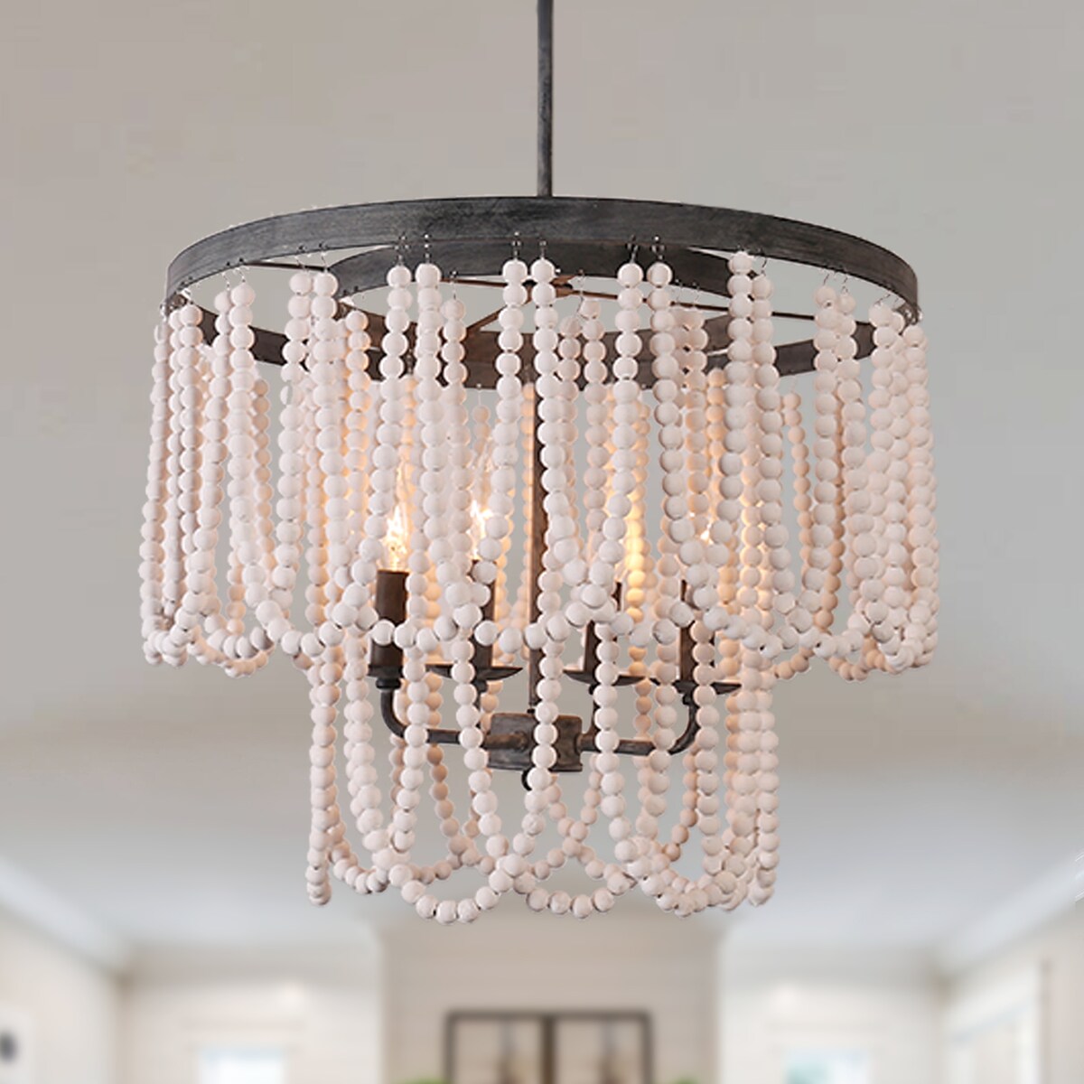Chichoice Wood Beaded Chandelier Coastal Pendant Light Modern Farmhouse for Living Room, Bedroom, Dining Room, Kitchen