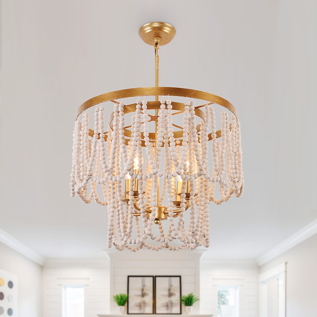 Chichoice Wood Beaded Chandelier Coastal Pendant Light Modern Farmhouse for Living Room, Bedroom, Dining Room, Kitchen